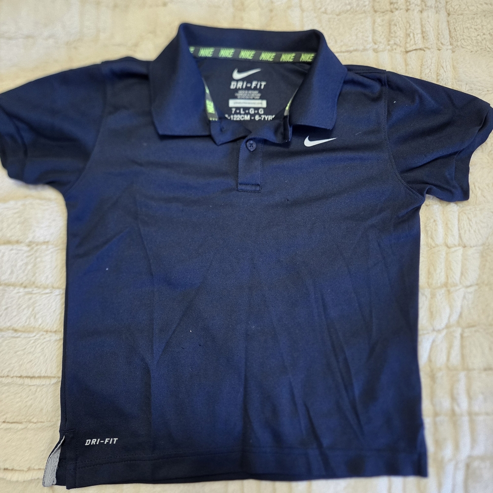Nike Dri-Fit Kids 7 Navy Polo W Volt Yellow Nike Logo